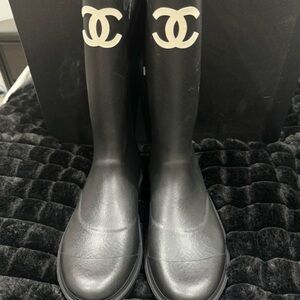 CHANEL Black and White Logo Rain Boots